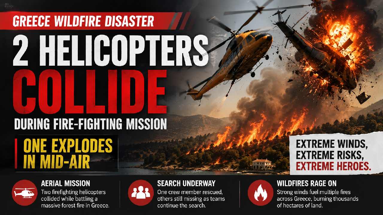 Two Firefighting Helicopters Collide During Greece Wildfire Mission, One Explodes Mid-Air